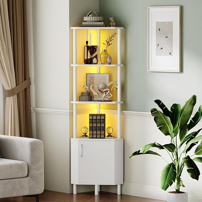 HOOBRO Corner Cabinet with LED Light, Corner Shelf Stand with Storage and Doors, 5-Tier Industrial Corner Bookshelf, 59” Tall Display Rack Shelf, for Living Room, Kitchen, White WT147DCJ01