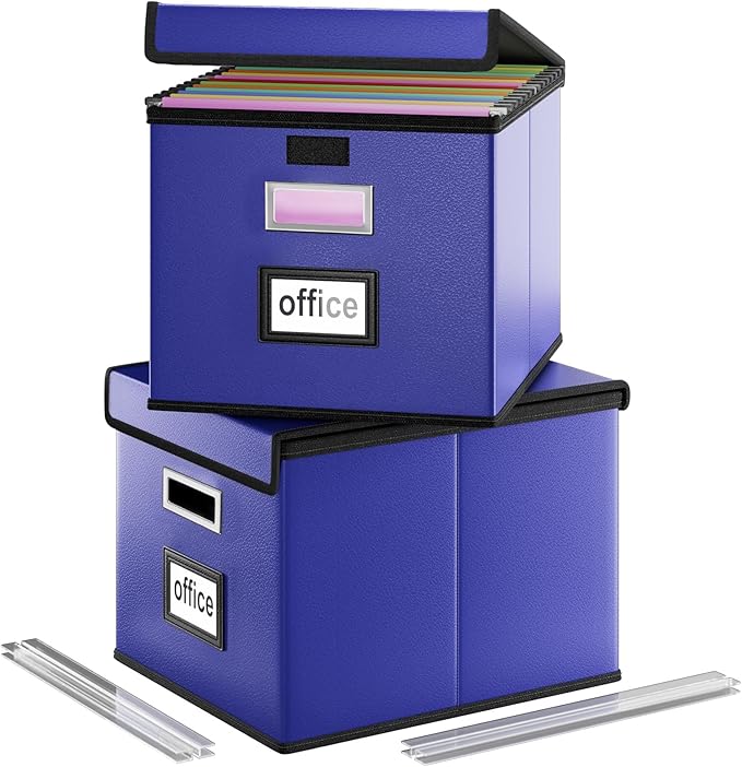 Portable Leather File Organizer Boxes with Lids, Collapsible File Folder Organizer Boxes, Decorative Small Filing File Cabinet for Home/Office, Easily Store Documents/Hanging File Folders