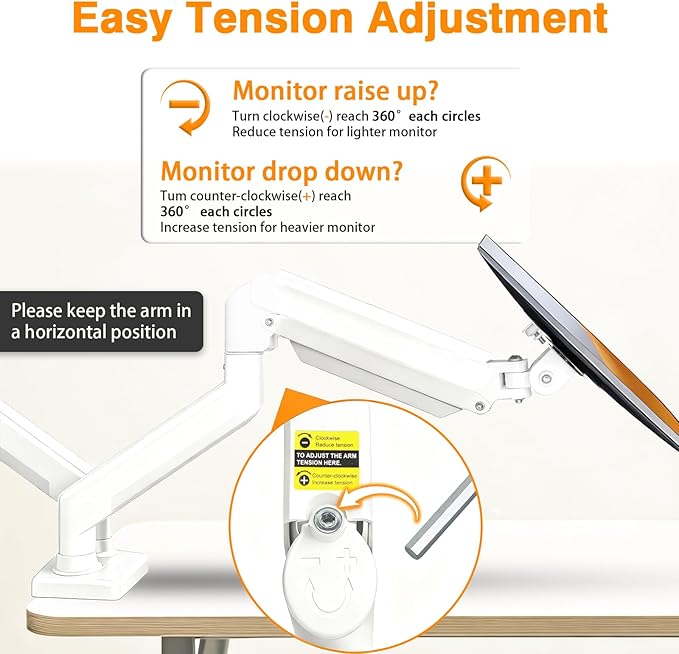 Dual Monitor Arms, Gas Spring Monitor Arms for 2 Monitors up to 34" Curved/Flat, 22lbs per Arm, VESA Mount 75x75 100x100mm, C-Clamp & Grommet Base, Adjustable Tilt/Swivel/Rotation White
