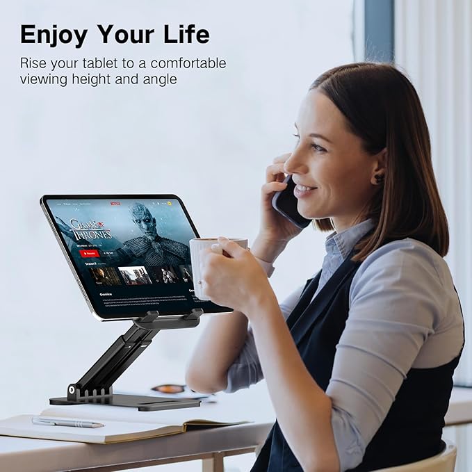 Tonmom Tablet Stand for iPad Holder, Adjustable Tablet Holder for Desk, Foldable Portable Monitor Stand Compatible with 4-16" Tablets Such as Kindle, Switch, iPad Pro/Air/Mini