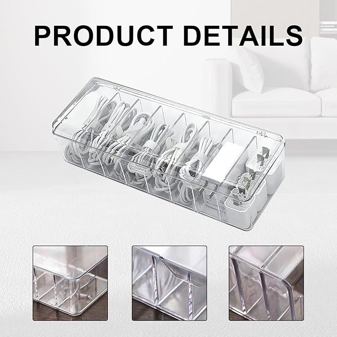 4 Pcs Cable Organizer with 40 Pcs Wire Ties, PlasticCord Storage Box with Clear Lid Electronics Cable Box for Home Office Supplies, Desk Organizers Accessories