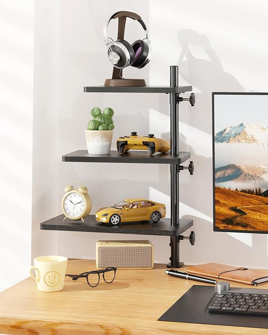 3 Tiers Clamp On Desk Shelf, 360° Angle Adjustable Desktop Shelf Organizer for Home Office Gaming Room, No Drill Desk Extender Adapt to 0.4-2.16 inches Table Thick, Black Brown