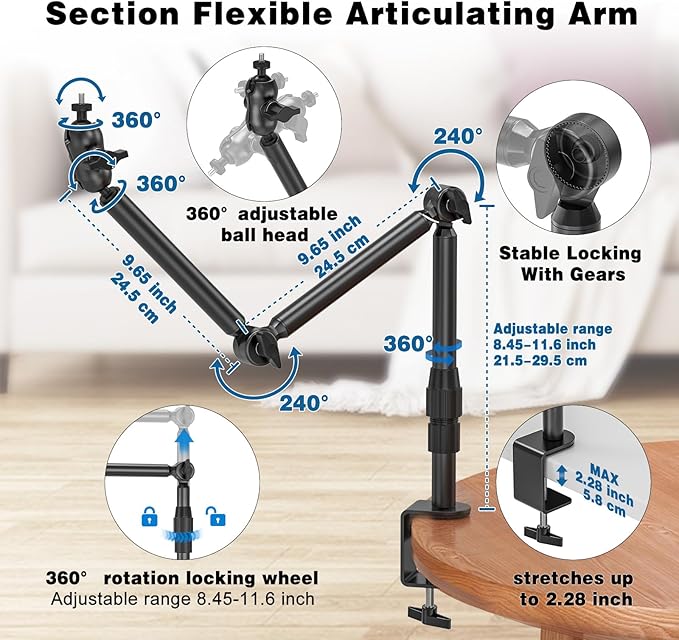 Overhead Camera Mount for Desk, 30.9" Foldable Camera Desk Mount Stand with 1/4" Screws, 360° Rotation 3-Sections Tabletop Holder with C-Clamp for DSLR, Digicam, Webcam, Mini Projector, Microphone