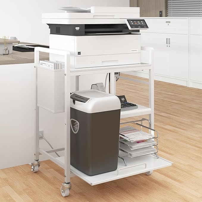Sedegn Home Printer Stand with Charging Station, 24x18 Inches Stands for Large Printer, Printer Shredder Stand with Storage for Home Office, Table for Fax Machine/PC Tower (White)