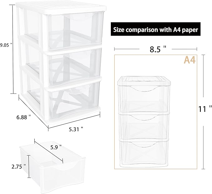Small 3 Drawer Desktop Organizer, 2 Pack White Plastic Stroage, Desktop Organization for Small Tools for Home, Office for Sewing,Cosmetic,Makeup,Art Craft Supplies White Frame in Home,Office