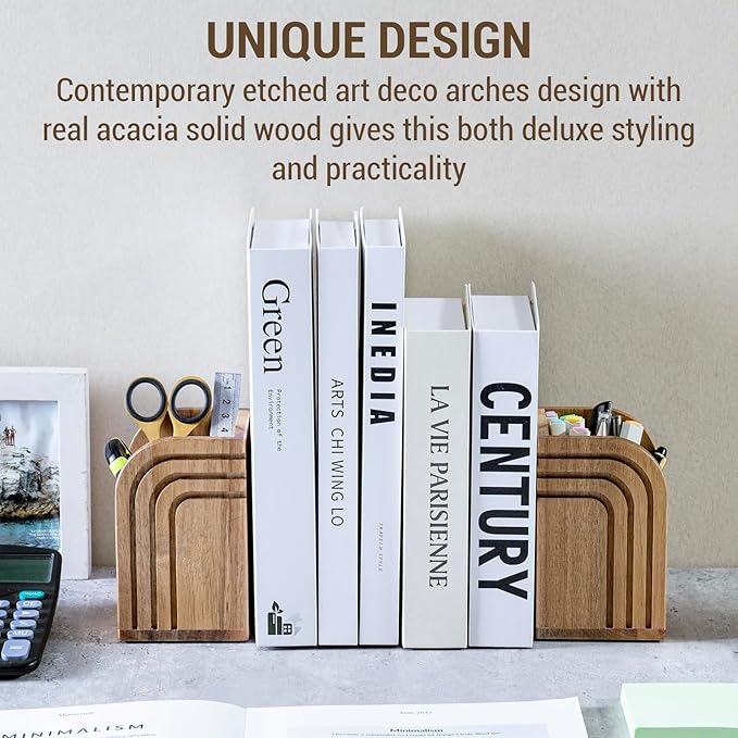 MyGift Premium Acacia Solid Wood Bookends and Pencil Holders with Modern Etched Arch Design, Office Desk Book Ends with Natural Wooden Art Deco Pen Cups, 1 Pair
