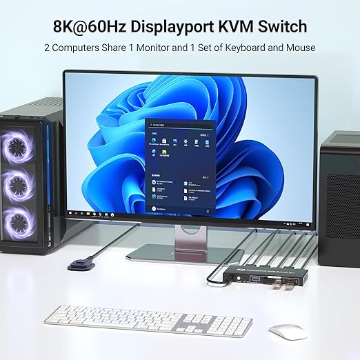 Displayport KVM Switch 1 Monitor 2 Computers, 8K@60Hz 4K@120Hz 2 Port DP KVM Switch with 4 Port USB 3.0 Hub for 2 Computers Share 1 Set of Keyboard, Mouse and 1 Monitor