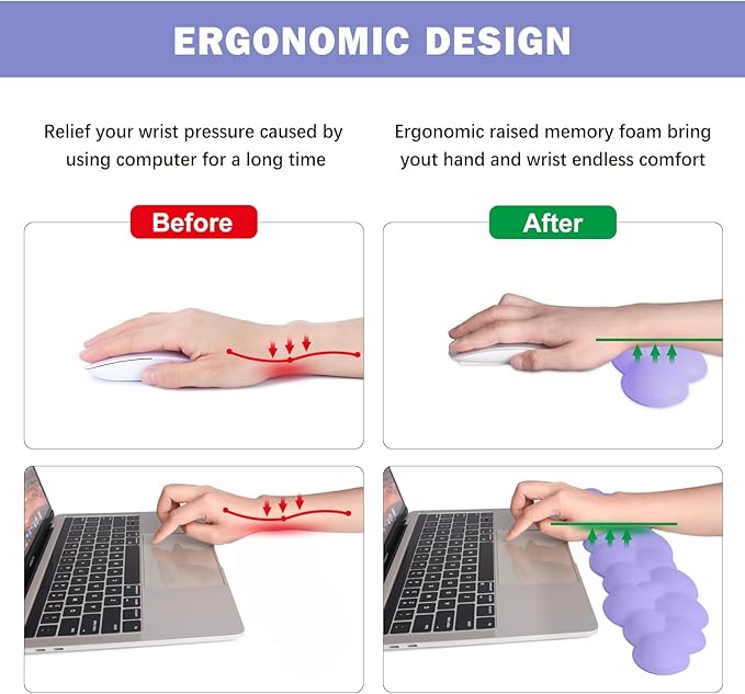 Cloud Keyboard Wrist Rest Pad Set,Enlarge PU Leather Memory Foam Wrist Cushion Support,Easy Typing Pain Relief,Mouse Wrist Rest Pad,Non-Slip Wrist Support for Home, Office, Lavender Purple