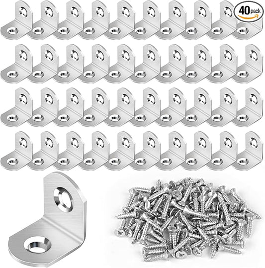 40 Pcs L Bracket Stainless Steel Corner Brace Sets, 90 Degree Right Angle Brackets with 80 Pcs Screws, L Bracket Firmware for Wooden Shelves, Chairs, Tables, Dressers, Furniture (Silver)