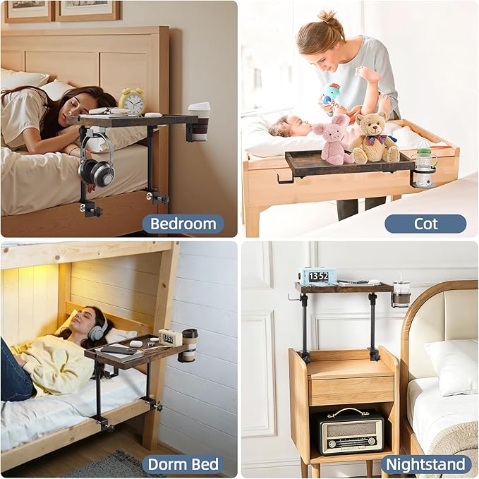 Clip On Bedside Shelf, Adjustable Bed Table with Cup Holder & Headphone Hook, Bed Tray for College Dorm, Bunk Beds, Space Saving Nightstand with Cable Management, Side Table Organizer for Bedroom