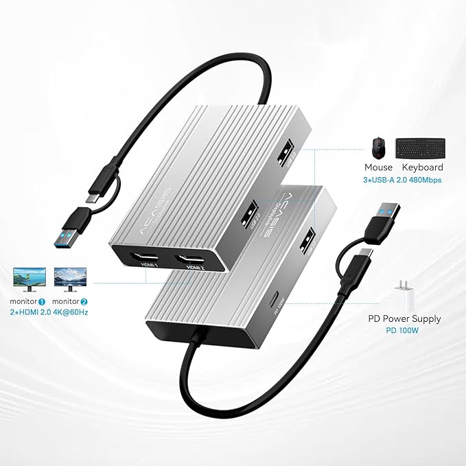 ACASIS USB C to Dual HDMI DisplayLink Adapter, 4K@60Hz, 2 HDMI & 3 USB-A Ports, 100W PD Charging, USB C DisplayLink Docking Station for Mac M1/M2/M3/Windows, USB A/C to Dual Monitor Adapter, Silver