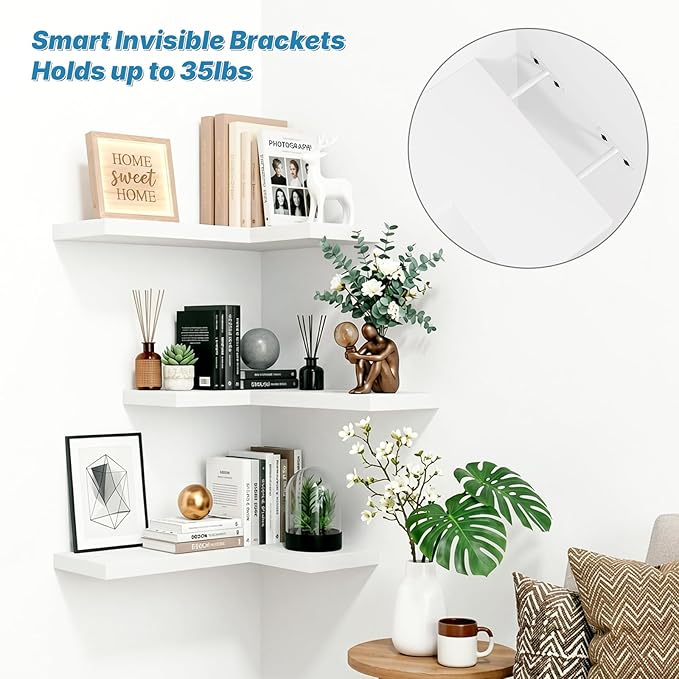 NATURE'S SOURCE Floating Corner Shelves with Invisible Brackets Set of 3, Corner Shelves Wall Mounted, for Home Bedroom Bathroom Kitchen Living Room Office- 16.1" x 11.5" (Pure White)