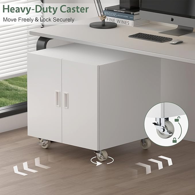 Metal Printer Stand, Rolling Table for Printers, Large Printers Table with Storage, Office Printer Stand for Copier, Fax, Heavy Duty Stands with Shelf for School, Workplace, White