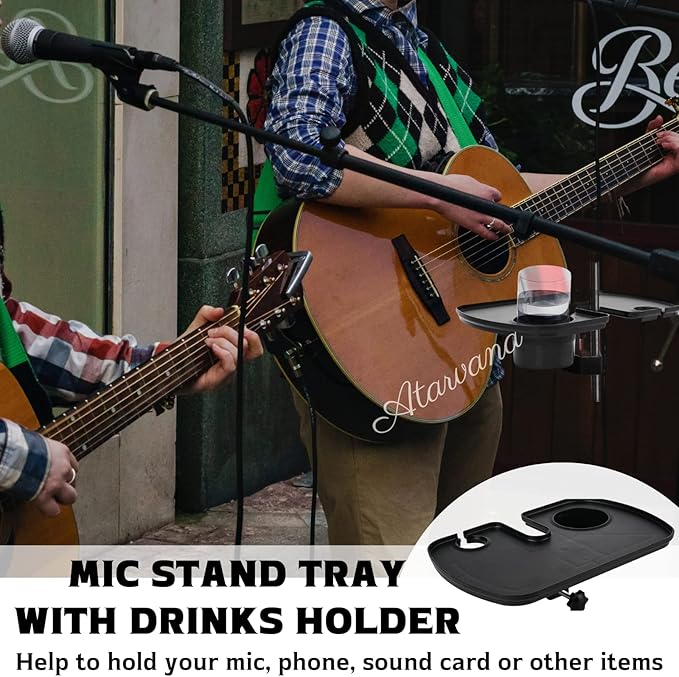 Universal Microphone Stand Tray with Drink Holder, Adjustable Mic Stand Clamp-On Utility Shelf Rack Tray Holder for Music Sheet, Live Streaming, Concert, Karaoke, Recording, Music Stand Accessories