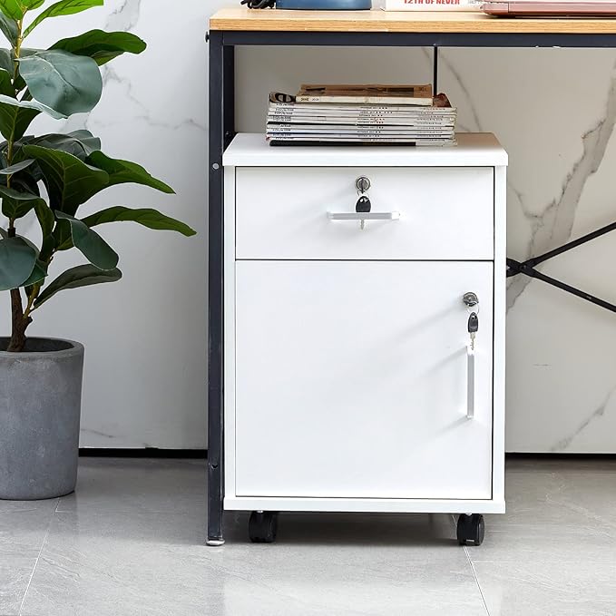 OFCASA 2 Drawer File Cabinet with Lock, Small Rolling Filing Cabinets for Home Office, Wood Under Desk File Cabinet with Wheels, Mobile Storage Organizer, Printer Stand for Letter/Legal, White