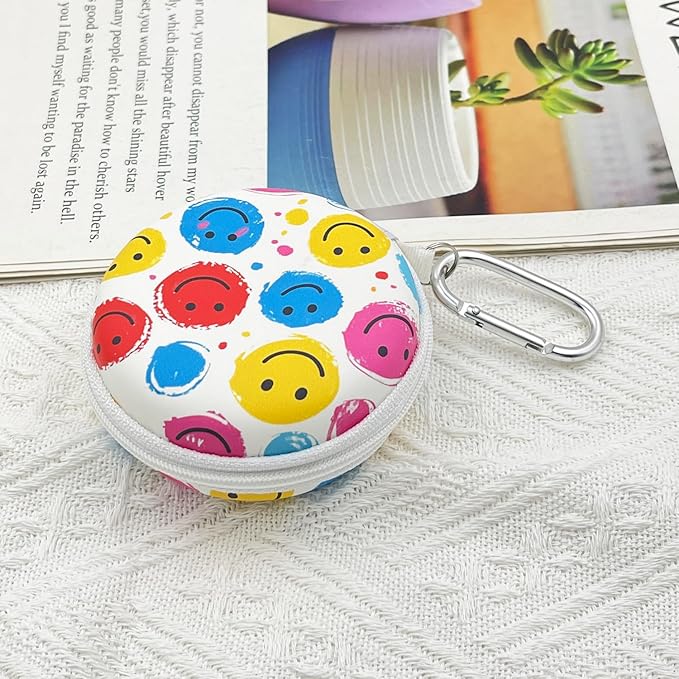 Earbud Case Headphone Organizer Ear Bud Case Portable EVA Carrying Box Storage Bag with Carabiner for AirPods Beats Bose Galaxy Buds 4/3/FE Data Cable Storage (Smiling Face)