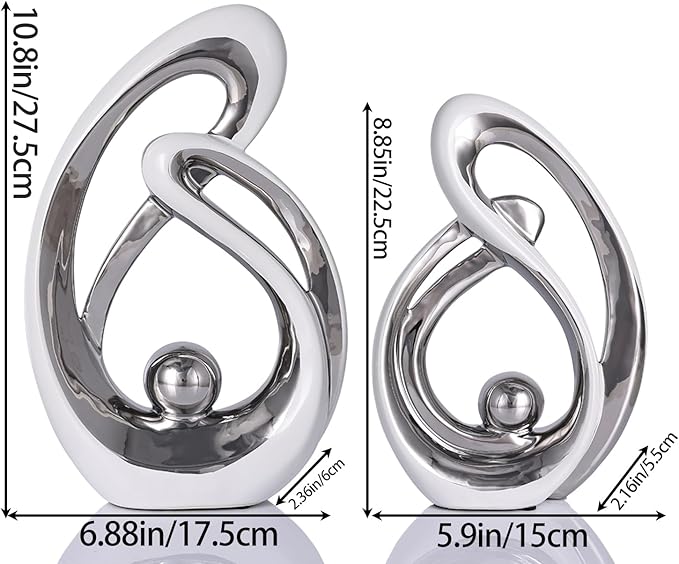Silver Ceramic Home Decor, Ceramic Abstract 2 Piece Set, Mid-Century Modern Art Decor and Accessories, Living Room Coffee Table Dining Table Center Foyer Entry Table Decoration