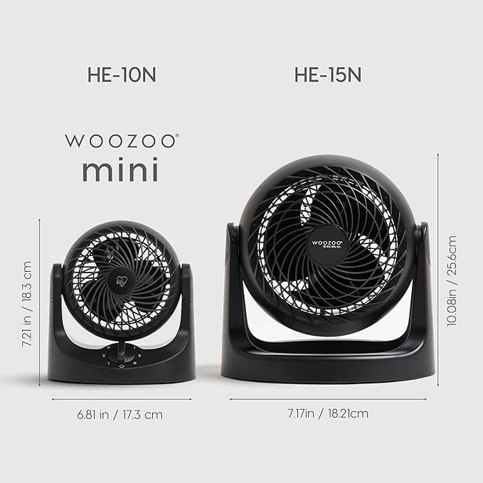 IRIS USA WOOZOO Mini Desk Fan, Air Circulator, 3 Speeds, 32ft Max Air Distance, 108ft² Coverage, 112° Adjustable Vertical Tilt, 27db Quiet Motor, Small Fan for Bedroom, Office, Dorm, Black (HE10N)