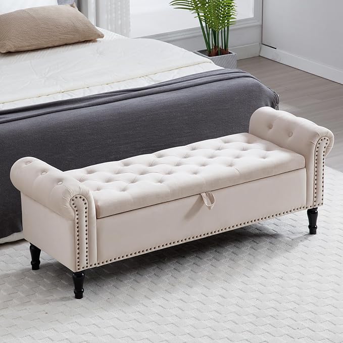 67'' End of Bed Storage Bench King Size, Storage Bench for Bedroom End of Bed, Upholstered Tufted Storage Ottoman Benches with Arms for Living Room, Entryway, Velvet Beige