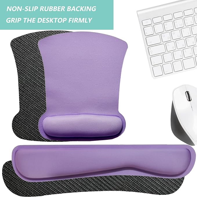 Keyboard Wrist Rest Pad Mouse Pad with Wrist Support Set of 3, Gaming Mousepad with Non-Slip Rubber Base, Ergonomic Memory Foam Mouse Cushion Support for Home Office Laptop Computer, Purple