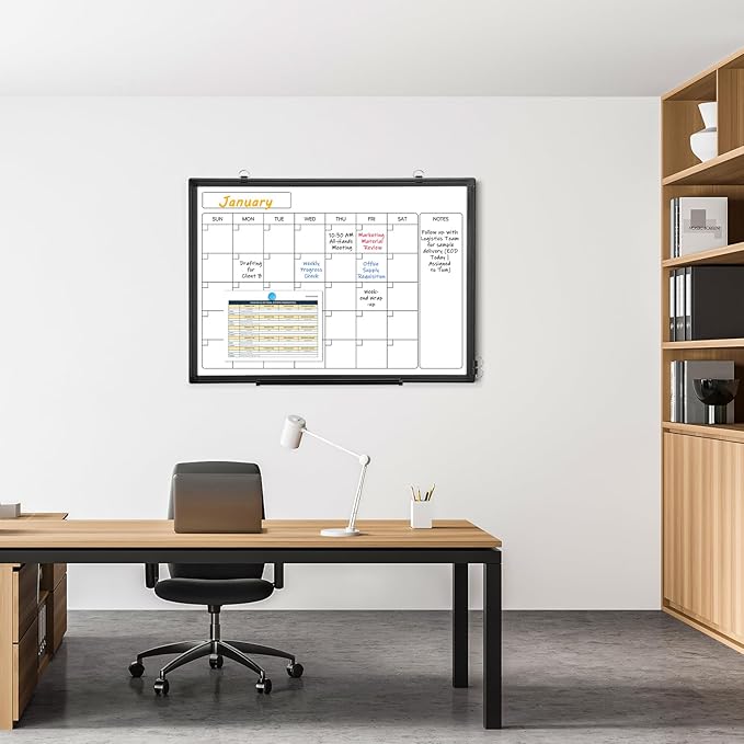 Monthly Calendar Dry Erase Whiteboard, 36" x 24" Magnetic Calendar White Board, Double-Sided Portable Board with Black Aluminium Frame for Office, Kitchen, School, Home