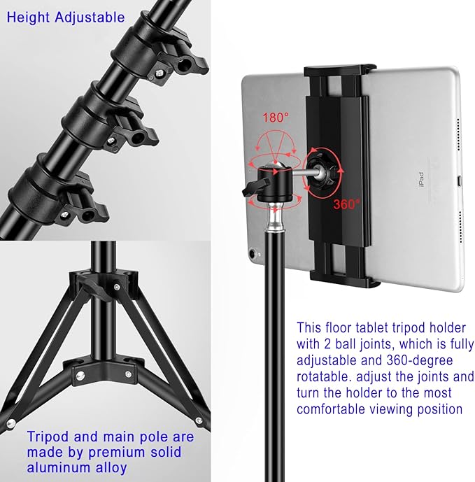 SAMHOUSING Ipad Tripod Stand, with 65 inch Height Adjustable iPad Stand Holder & iPad Floor Stand with 360° Rotating iPad Tripod Mount for iPad Pro, iPhone, Kindle, and All 4.5-12.9 Inch Tablets