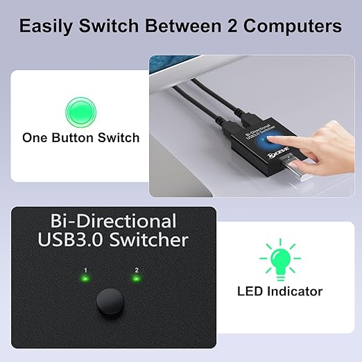 USB 3.0 Switch Selector, Bi-Directional USB Switch 2 in 1 Out / 1 in 2 Out, MLEEDA USB3.0 Switcher for 2 Computers Share Keyboard Mouse Scanner Printer