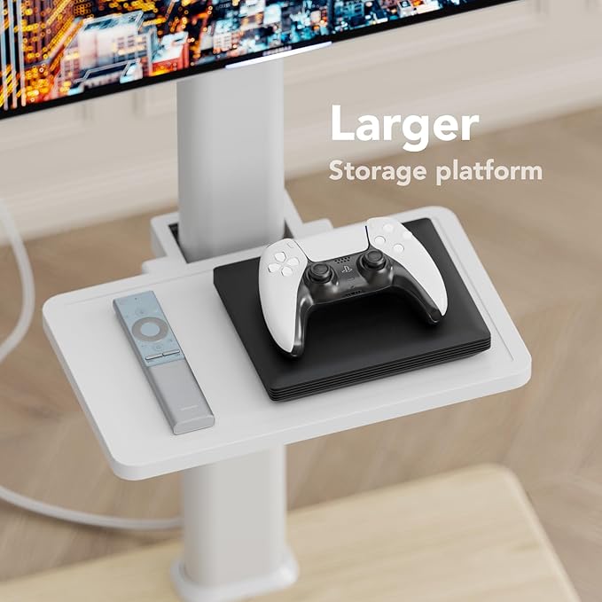 AX WABER Mobile TV Stand with Power Outlets&Shelf, Floor Portable TV Stand with Wheels for 27-65Inch LCD LED OLED Flat/Curved Panel Screen, Swivel,Height Adjustable&Wood Base, RollingTV Cart White