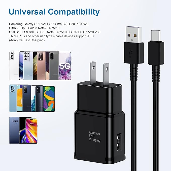 Type C Charger Fast Charging, 2 Pack USB C Android Phone Wall Charger Block & 10ft Charge Cable Cord, for Androids Galaxy S8/S9/S10 Plus Active S10e, S20 / S21 Ultra Plus, Note 8 9 10