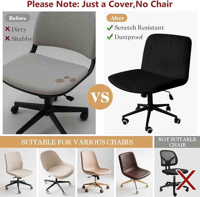 NICEEC Criss Cross Chair Cover Armless Office Dorm Desk Chair Covers Vanity Chair Covers Computer Mid Back Wide Seat Chair Without Arms Protector Spandex Stretch Slipcover Black(No Chair Only Cover)
