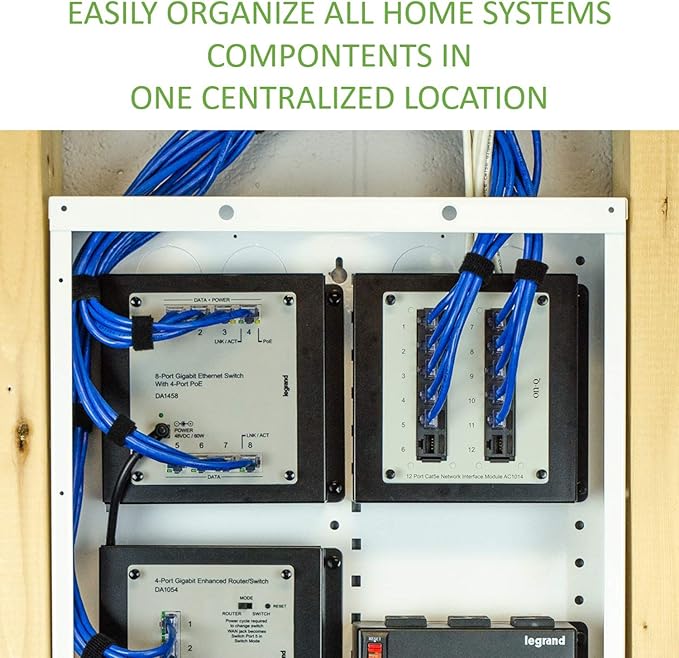 Legrand - On-Q 28-Inch Structured Wiring Enclosure with Screw-On Cover - in-Wall 20-Gauge Media Box with 2.5" Wire Pass Throughs & 2X Outlet Knockouts - Glossy White - EN2800