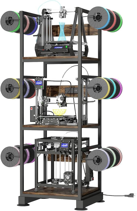 3D Printer Stand with Filament Storage,3D Printer Rack with Power Outlet,Heavy-Duty 3D Printer Storage Shelf for ABS/PLA/TPU Filament Spools,Perfect for 3D Printing Workshops, Retro Brown