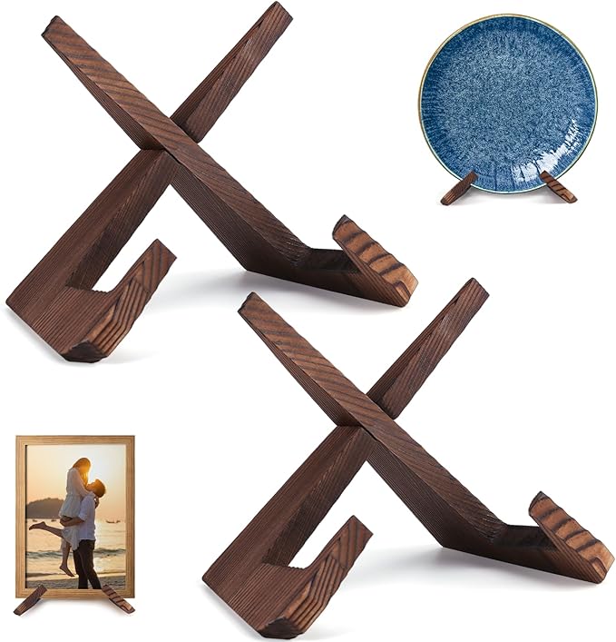 XKDOUS 2 Pack Plate Stand for Display, 6.5 Inch Wood Plate Display Holders, Picture Frame Holder, Cookbook Stand Recipe Book Holder for Book, Plate, Photo, Decorative Table Top Easels