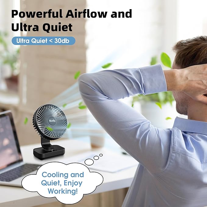 Desk Fan 5.5'' Small Fan Ultra-Silent, 120° Oscillating, 90° Adjustable Head Tilt, with Digital Display 4 Speed Portable USB Rechargeable Table Fan Ideal for Home, Bedroom, Office (Black)