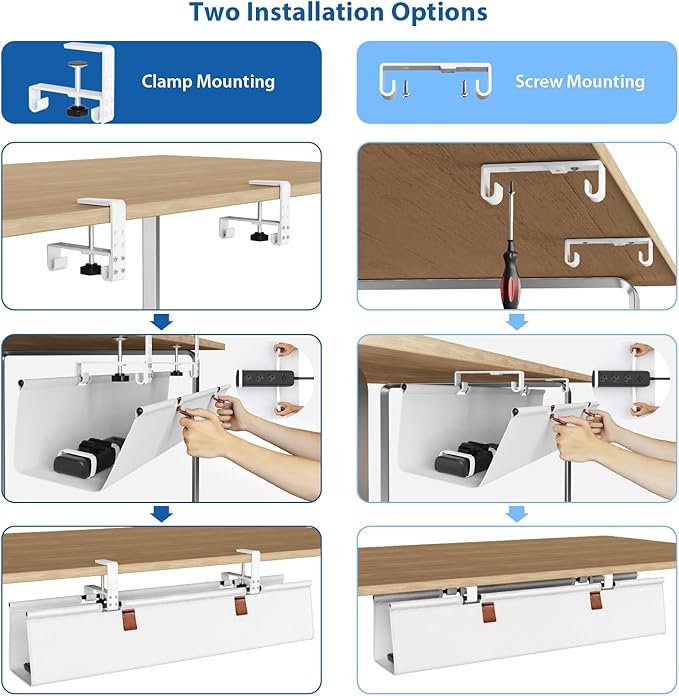 Zilink Under Desk Cable Management 30" No Drill Desk Cable Management Tray Clamp/Screw Mount Cable Tray Sturdy Waterproof Fabric Cord Organizer for Office, Home, White