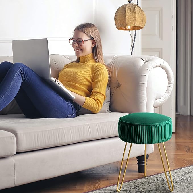 LUE BONA Pleated Vanity Stool, Velvet Upholstered for Makeup Room, Round Mondern Stool for Vanity, Ottoman Footrest with Metal Legs for Living Room, Bedroom, Emerald