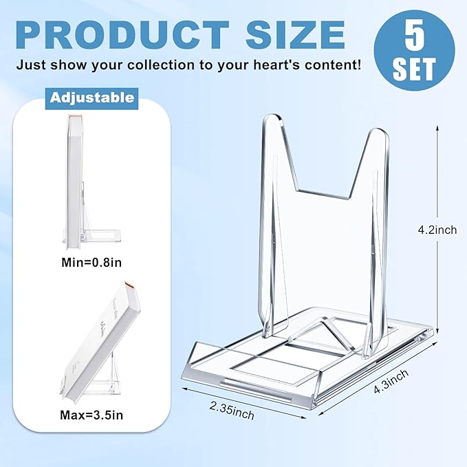 Hushee 5 Pack Acrylic Book Stand for Display Adjustable Clear Book Display Holder Easel Rack Stand for Home Office Back to School Library Bookshelf Comic Album CD Magazine Postcard Artworks