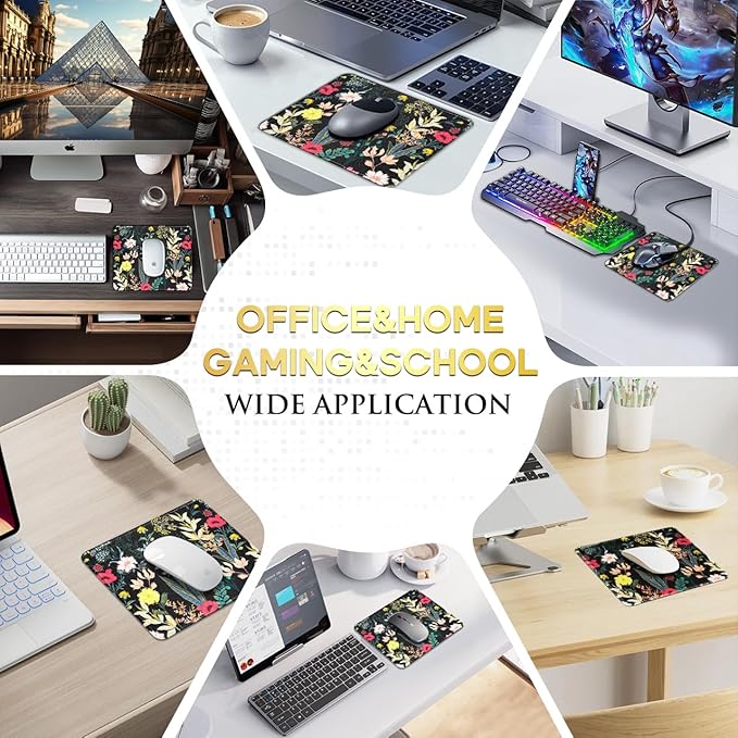 JIKIOU Mouse Pad with Non-Slip Rubber Base, Premium-Textured & Washable Computer Mousepad with Stitched Edges, Mouse Pads for Computers, Laptop, Gaming, Office & Home,10.2x8.3in Black Flowers