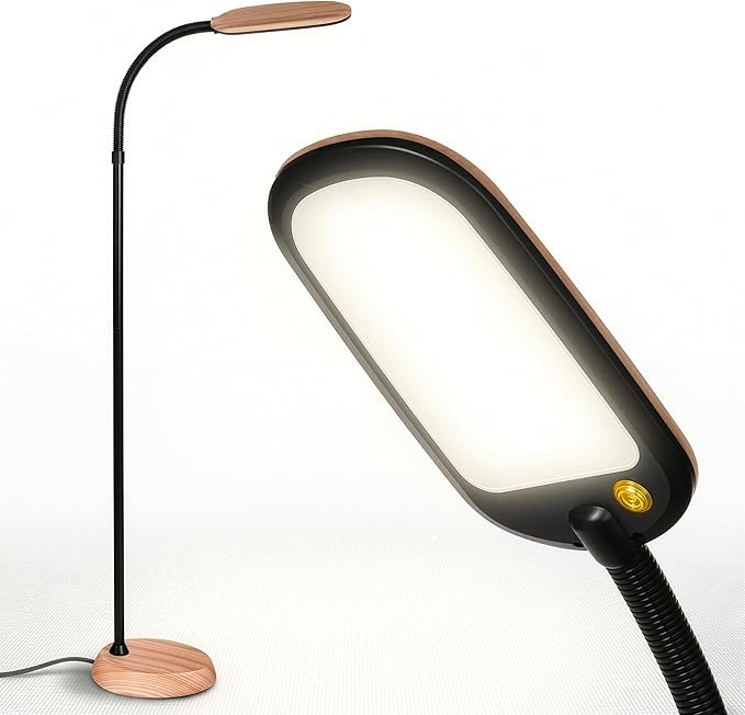 Brightech Litespan Slim LED Floor Lamp - Modern Reading Light Over Chair for Living Rooms & Offices, Tall With Adjustable Gooseneck, Crafts Work Light, Dimmable Standing for Bedroom - Wood