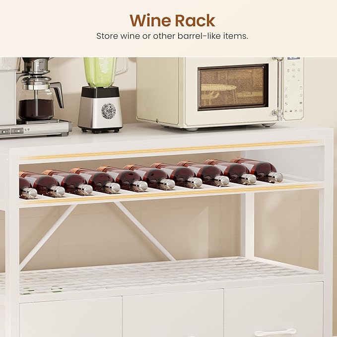 Itaar Bakers Rack with Storage and Power Outlet, 35.4 inch Coffee Bar Cabinet, Microwave Stand Kitchen Cabinet with Hutch, LED Lights, Wine Rack and Hooks (White)
