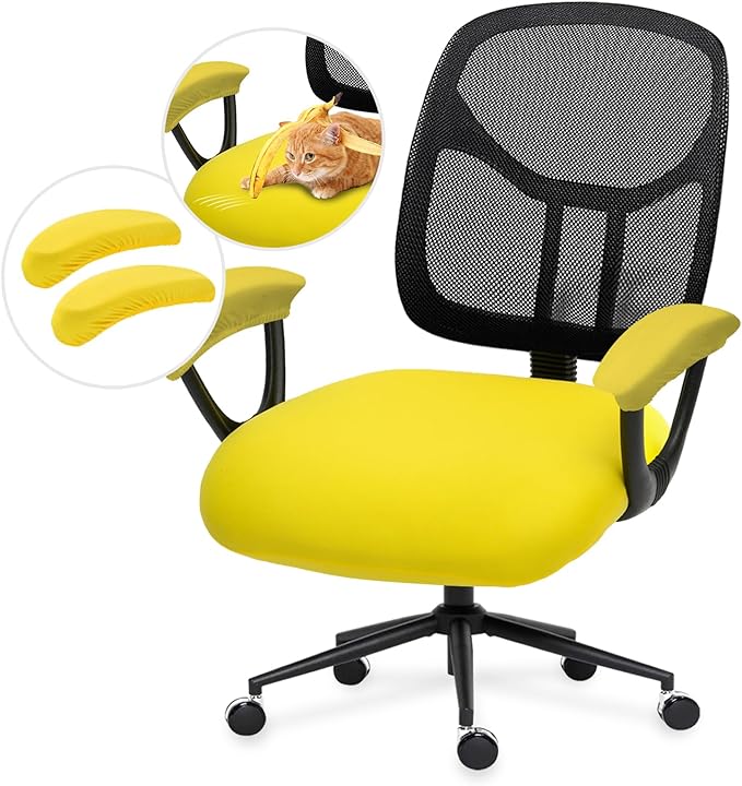 DIVA EN CAMINO DEC Stretchable Office Chair Seat Cushion Covers with Armrest Covers - Universal Spandex Computer Chair Slipcover - Removable Washable Cushion Protectors for Dogs, Cats, Pets (Yellow)