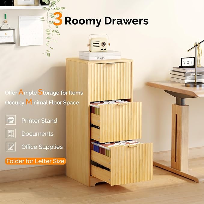 VINGLI Tall 3 Drawer File Cabinet, Home Office Filing Organizer, for Letter Size File Folder Storage, Modern Style Fluted Design, Wood Vertical Filing Cabinet, Printer Stand, Archivador (Oak)