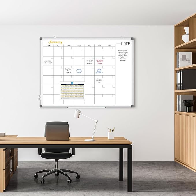 WALGLASS Dry Erase Calendar Whiteboard, 48" x 36" Monthly Large Dry Erase Calendar for Wall, Double-Sided Hanging White Board with Silver Aluminum Frame for Home, School, Office, Kitchen