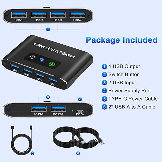USB Switch, USB Switcher 2 Computers, USB 3.0 Switch Sharing 4 USB Devices KVM Switcher Box for PC, Printer, Scanner, Mouse, Keyboard with 2 Pack USB Cable, Compatible with Mac/Windows/Linux