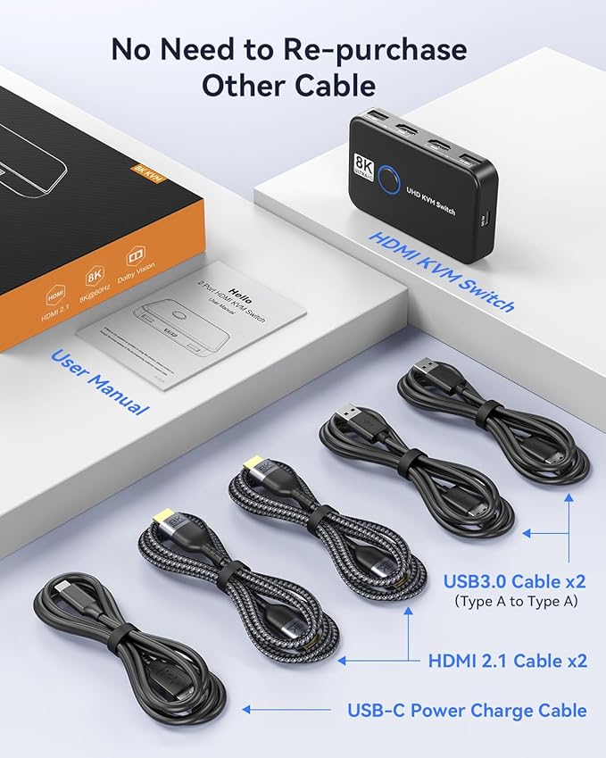 KVM Switch 1 Monitors 2 Computers Viagkiki USB Switch for 2 Computers Share Keyboard Mouse Printer and one HD Monitor Support UHD 8K@60Hz with 2 USB Cable and 2 HDMI Cable (Black)