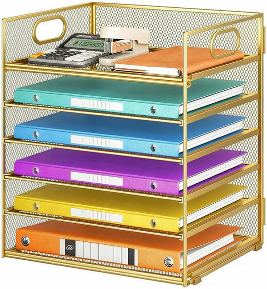 6 Tiers Letter Tray Paper Organizer with Handle, Mesh Desk File Organizer, Metal Desktop Document Shelf Organization, Paper Sorter Organizer for Office, Home or School File Folder Holder (Gold)
