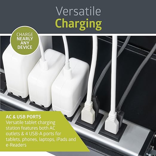 Pearington 10-Device USB Laptop Charging Station for Classroom, Home, or Office, Includes 6 AC Outlets & 4 USB Ports, Store Laptops, Tablets & E-Readers up to 1.4" Thick, 17" x 13" x 16"