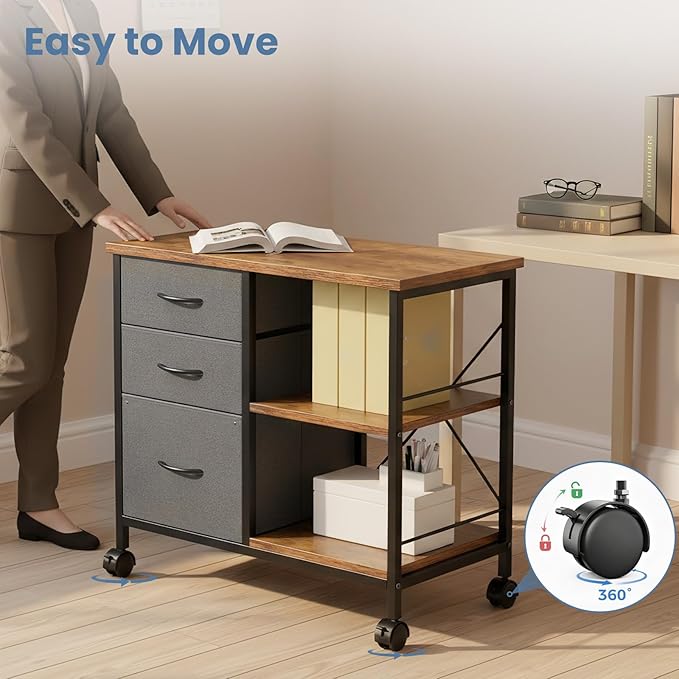 DUMOS File Cabinet, Mobile Storage Cabinet with 3 Drawers and Back Support Bar, Spacious Printer Stand with Storage Supporting 198 lbs for Home Office, Rust