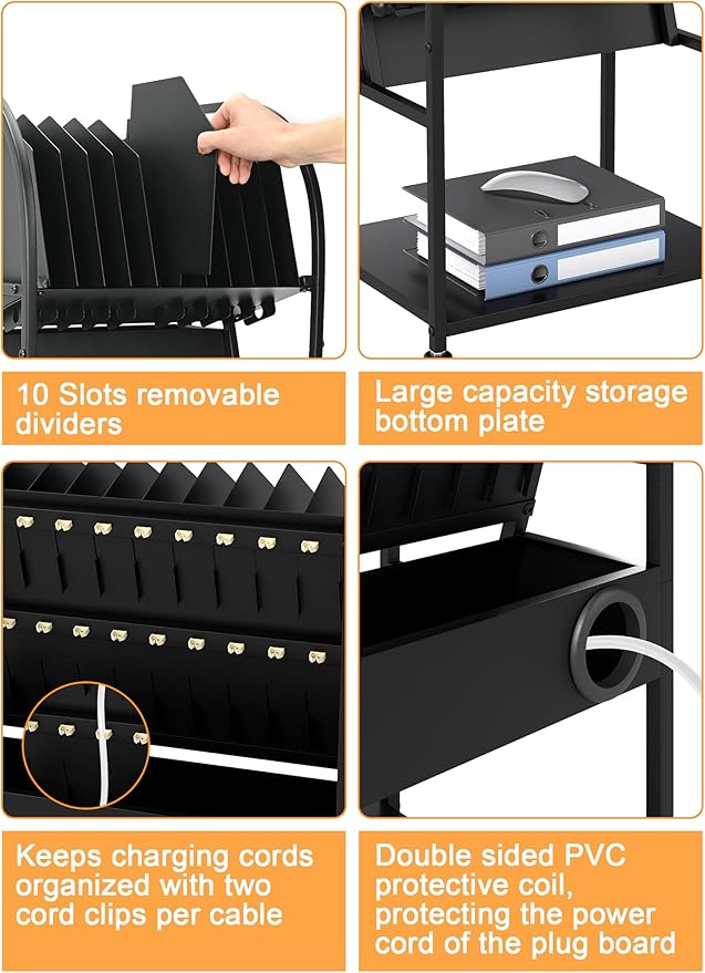 Laptop Charging Station, 10 Device Mobile Charging Cart with Lockable Wheels for Laptop, Chromebooks, Tablets and Computers, Charging Organizer Rack for Office, Classroom, Library