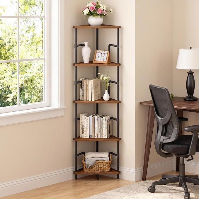 MAHANCRIS 52.8" Corner Shelf, 5-Tier Industrial Corner Bookshelf with Metal Frame, Small Plant Stand, Display Shelf for Living Room, Bedroom, Home Office, Small Spaces, Rustic Brown CSHR5501